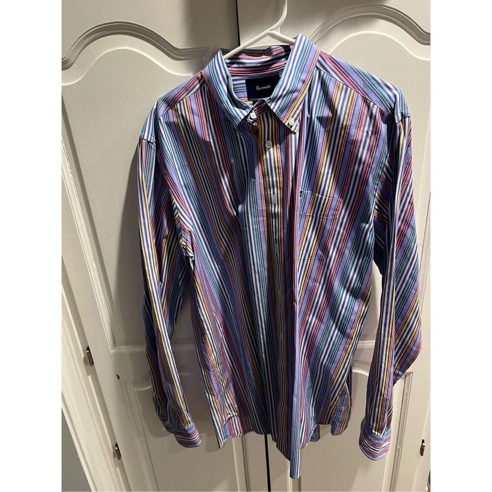 Facconable Multi-Color Striped Button Down Collar… - image 5